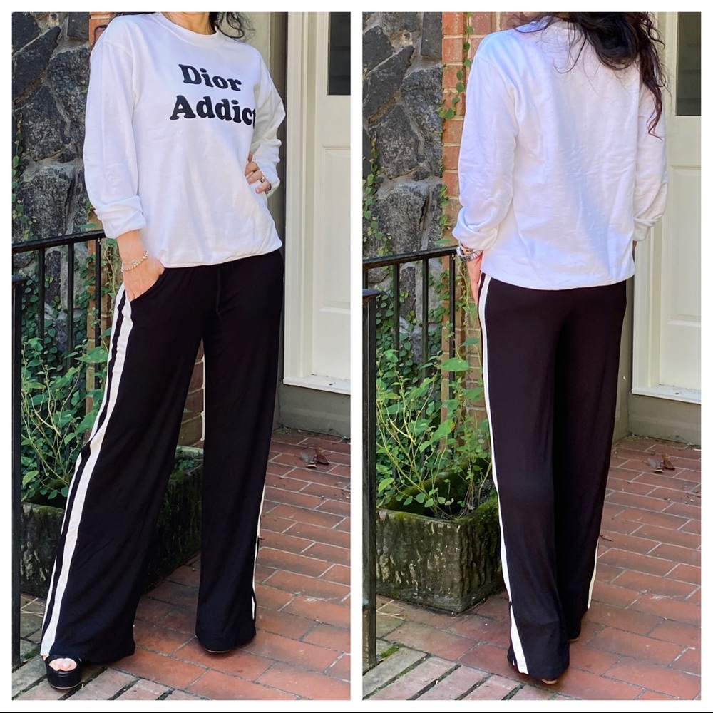 Black wide leg white side striped pants w/pockets - Picture 9 of 10